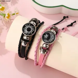 Sun Moon Couple Bracelet with Time Inlaid Gems, Multi-Layer Hand-Woven Leather Chain Holiday Matching Wrist Jewelry