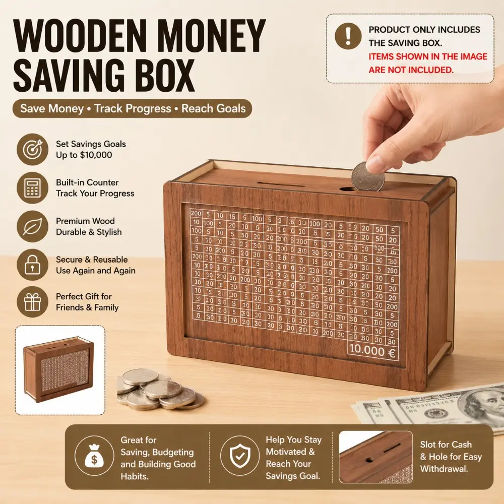 1PC Wooden Money Saving Box with Counter, $10,000 Savings Challenge Cash Bank, Reusable Cash Goal Tracker, Money Storage Gift Box for Friends & Family, Christmas, Thanksgiving & Valentine's Day