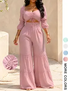 Women's Square Neck Two-Piece Set, Soft, Drawstring Adjustable Hollow High Waist Wide Leg, French Chic Style, Essential for Spring & Fall