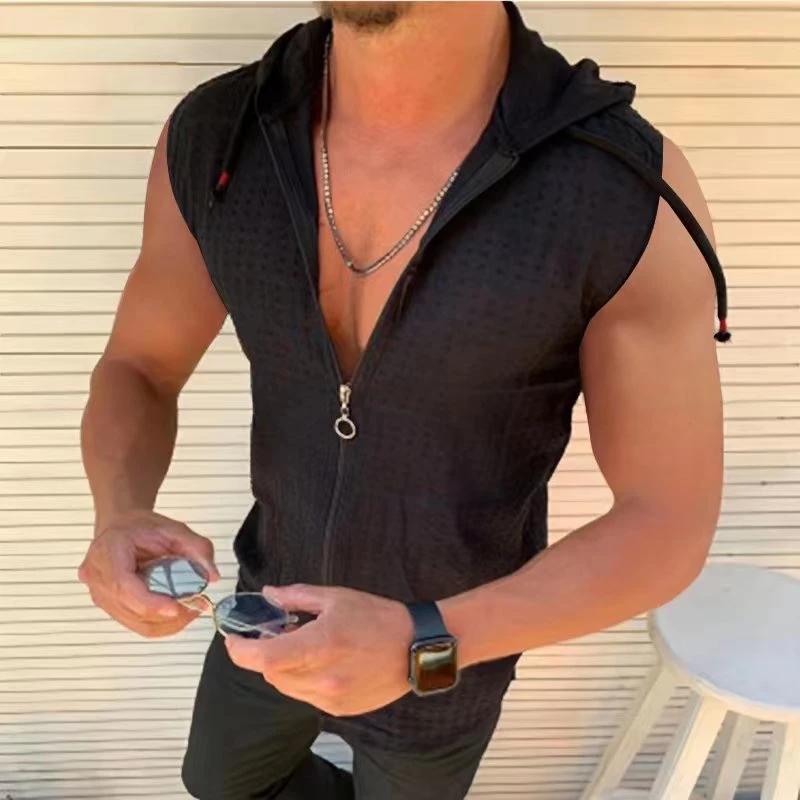 Kyn Apparel Short sleeved hooded zippered cardigan T-shirt for men's summer new fashionable plaid sleeveless t-shirt for men's lapel top