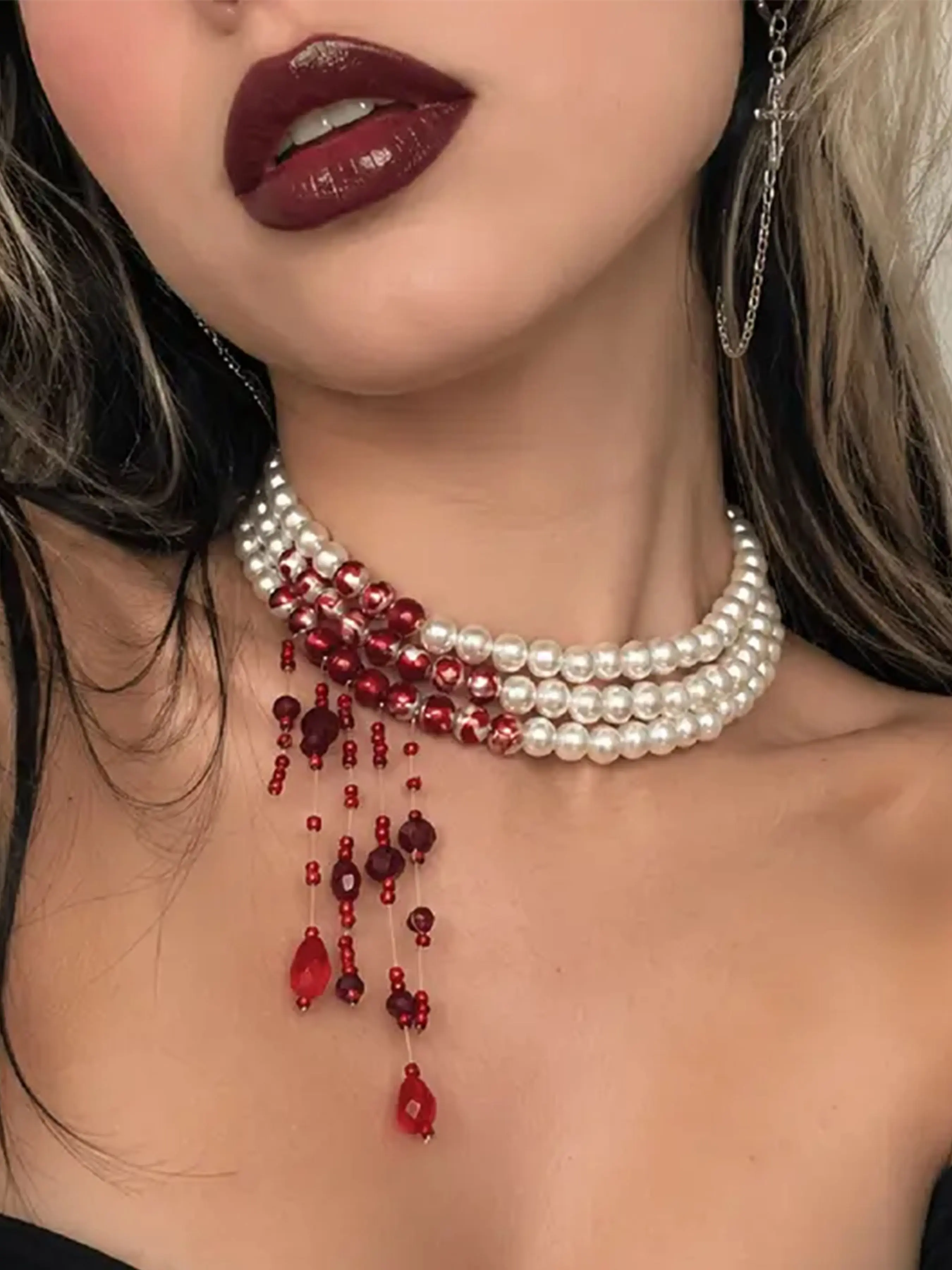 1 Pc Dark Gothic Multi-Layer Pearl Choker Necklace, Blood Artificial Crystal Tassel Drop Pendant, Halloween Cosplay Short Collar Jewelry