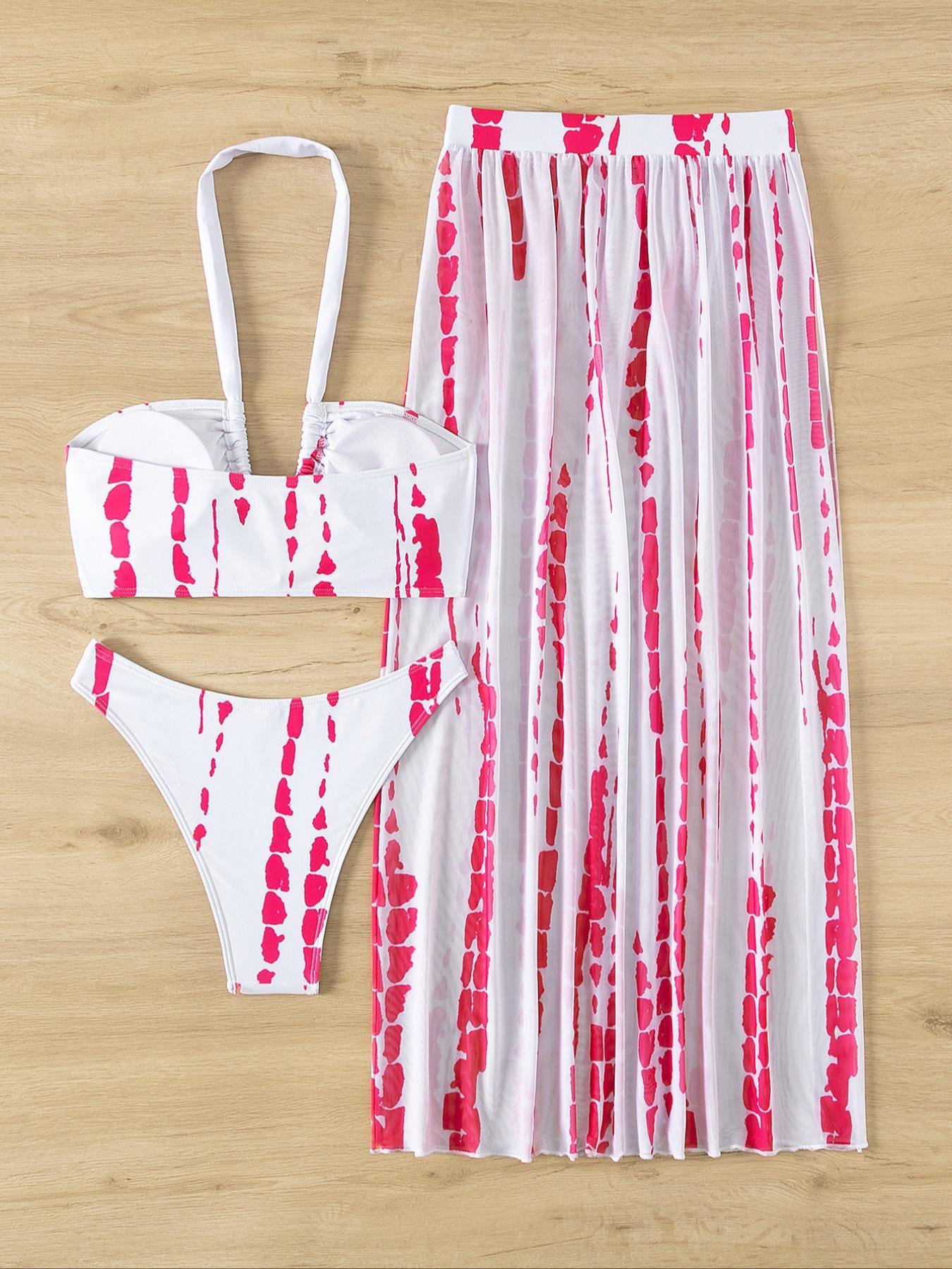 Three-piece Set Women's Tie Dye Print Criss Cross Swimsuit Set, Boho Halter Neck Bra & Split Thigh Skirt & High Cut Panty Set, Ladies Summer Swimsuit Set, Summer Beach Bikini, Beach Bikini Set, Halter Bikini Sets