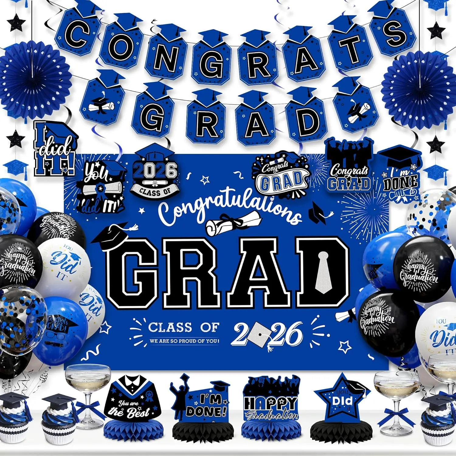 Spot!2026 Graduation Decorations-Class of 2026 Backdrop,Blue and Black Graduation Decoration Set,Congrats Grad Banner,Swirl & Decor for Graduation
