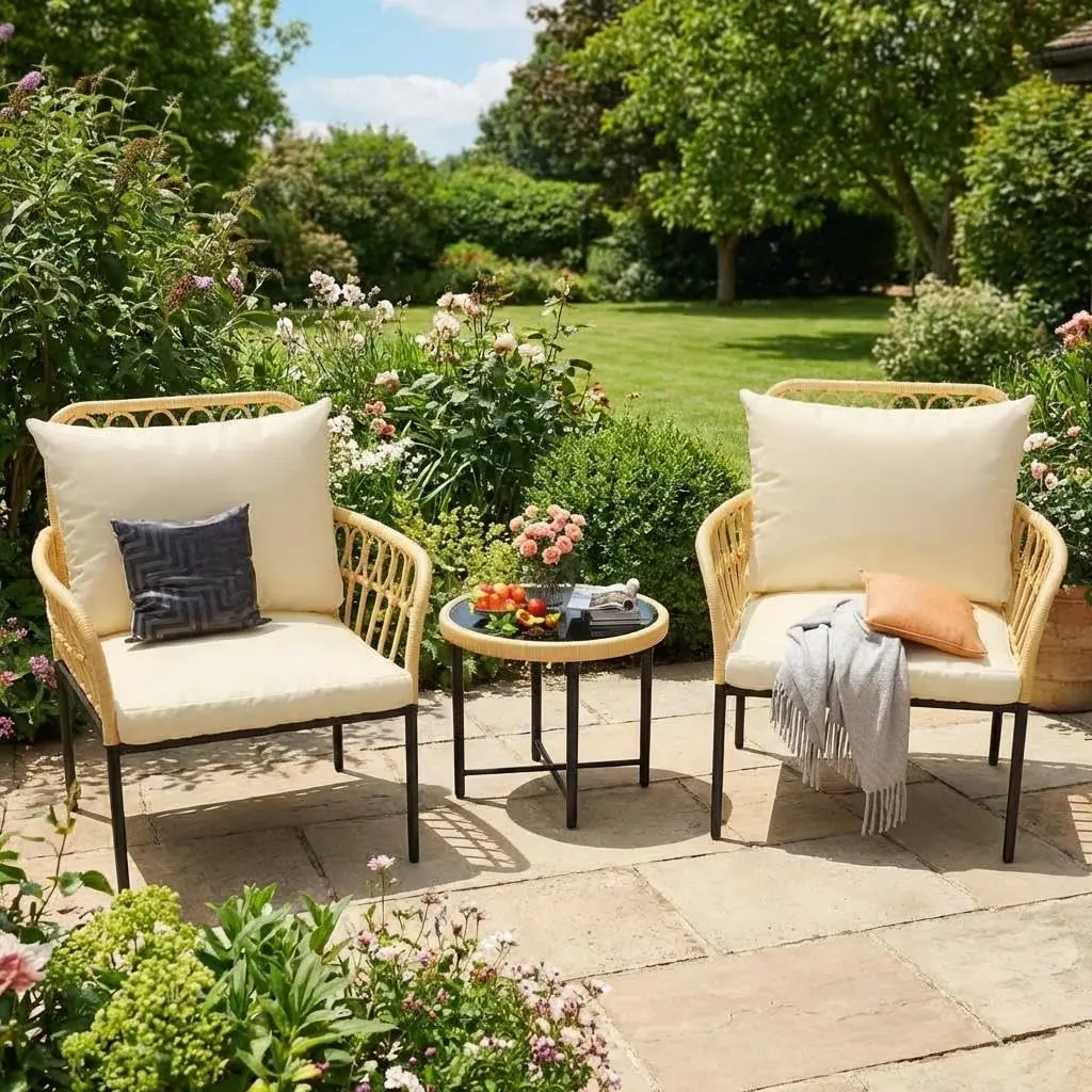 GARVEE 3-Piece Bistro Set, All-Weather Wicker Patio Conversation Set, Outdoor Sectional Furniture Chairs with Table & Cushions Beige for Garden Backyard Deck