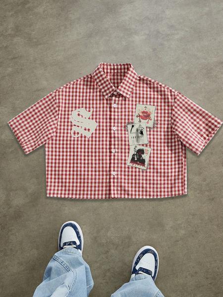 Men's Letter & Graphic Print Regular Short Sleeve Shirt, Casual Retro Gingham Shirt for Daily Wear, Fashion Men's Top for Summer