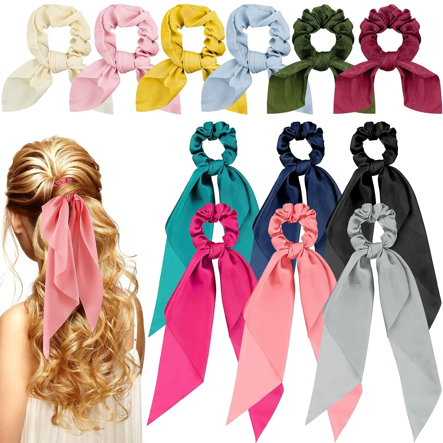 12 count Hair Accessories for Women Hair Bows Scrunchies Scarf Ties Bunny Ears Silk Satin Scrunchies Ribbons Scarf Ties with Bows for Women Lady( Color)