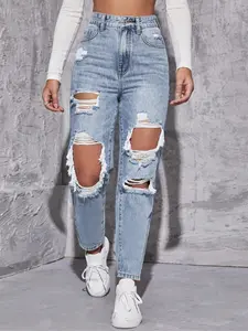 Women's High-Waisted Straight Leg Ripped Jeans Pants, Casual Comfortable Street Style Spring Fashion, Fitted Long Regular Fit