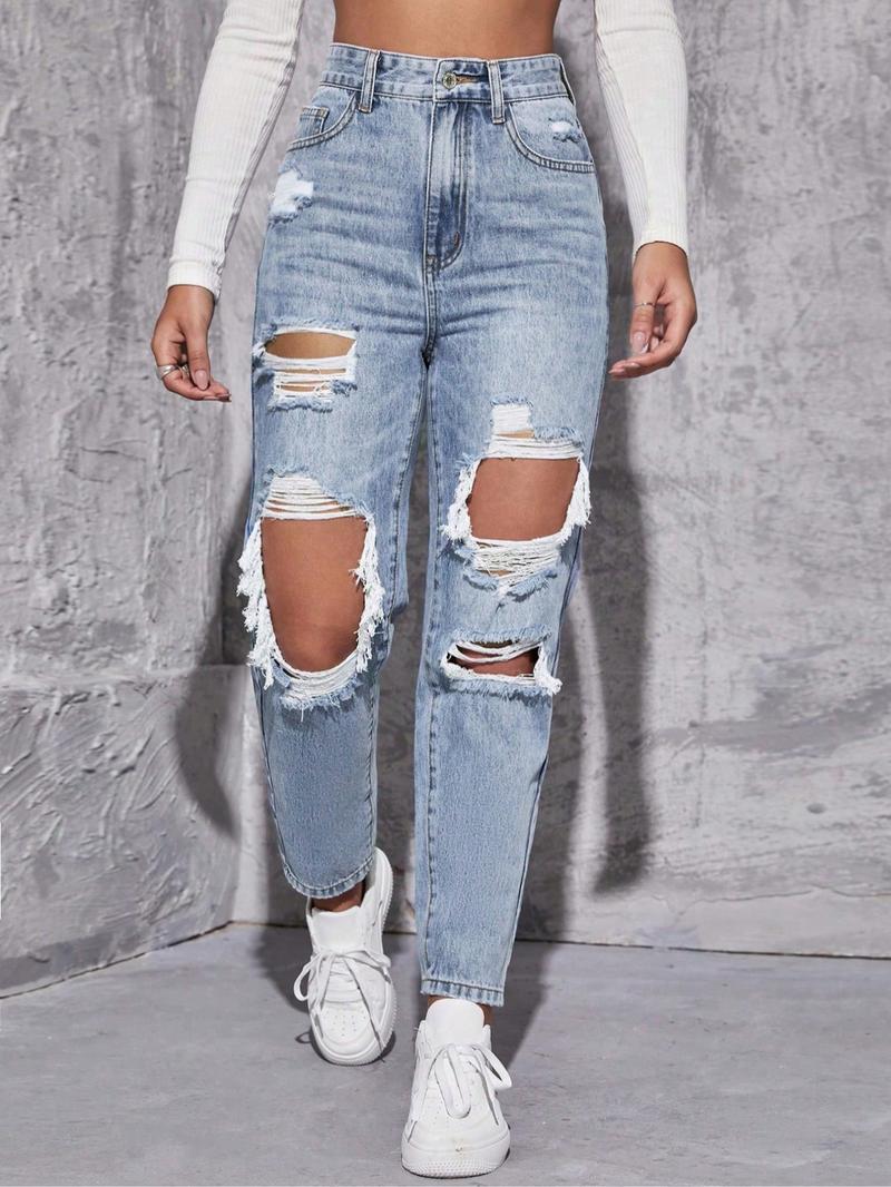 Women's High-Waisted Straight Leg Ripped Jeans Pants, Casual Comfortable Street Style Spring Fashion, Fitted Long Regular Fit