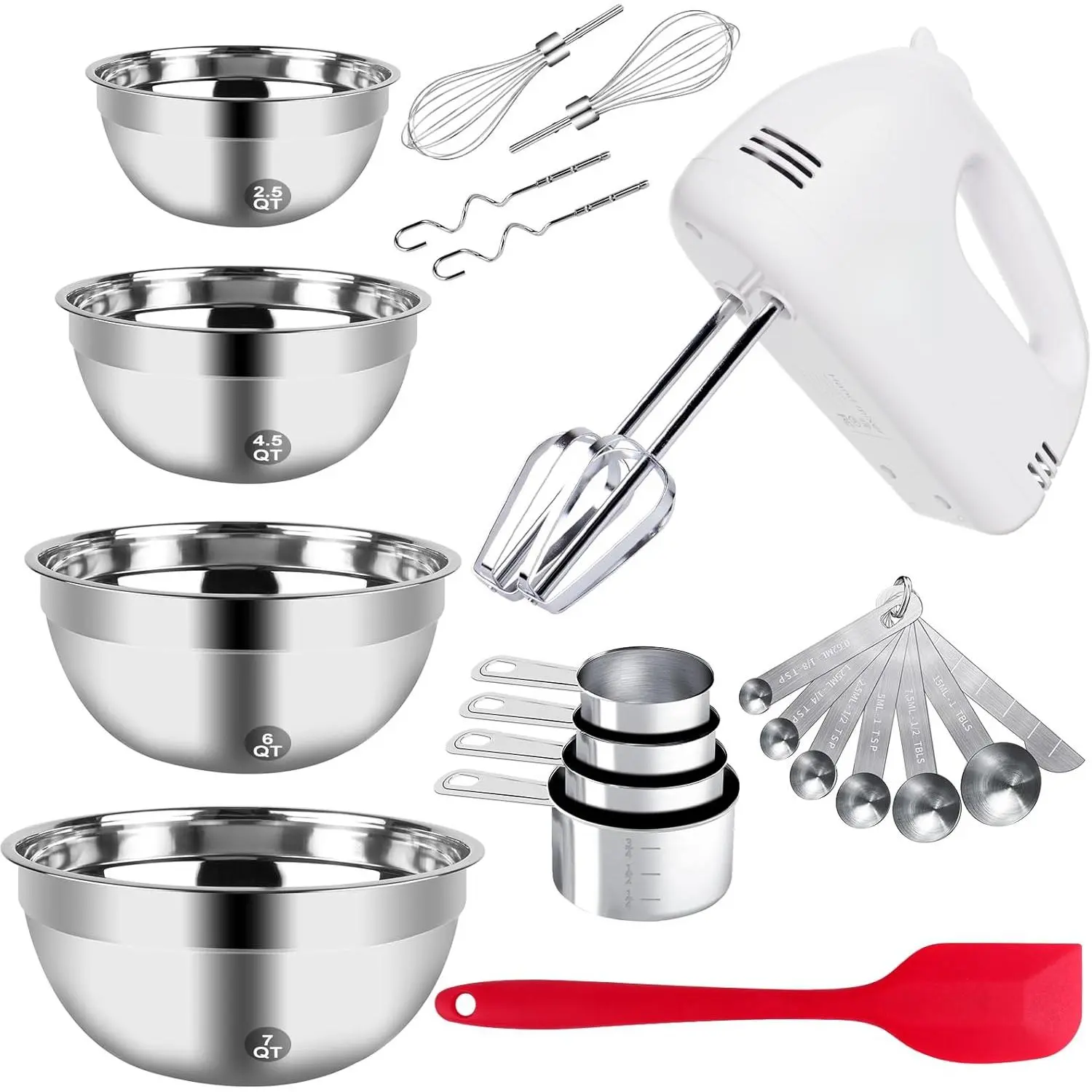 5-speed electric hand mixer, 4 large mixing bowl set, hand mixer with mixing head, stainless steel nesting bowls, measuring cup, spoon, kitchen cake mixer, baking supplies