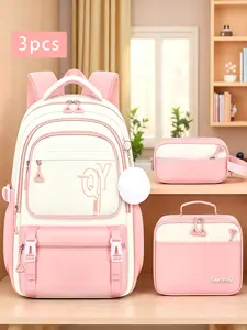 3pcs Contrast Color Block Backpack Combo With Handheld Meal Bag Stationery Pouch Fluffy Pom Pom Pendant Multi-Layer Zipper Compartments Adjustable Padded Shoulder Straps Large Capacity Backpack for Campus Study Daily Commute Weekend Outdoor Trip