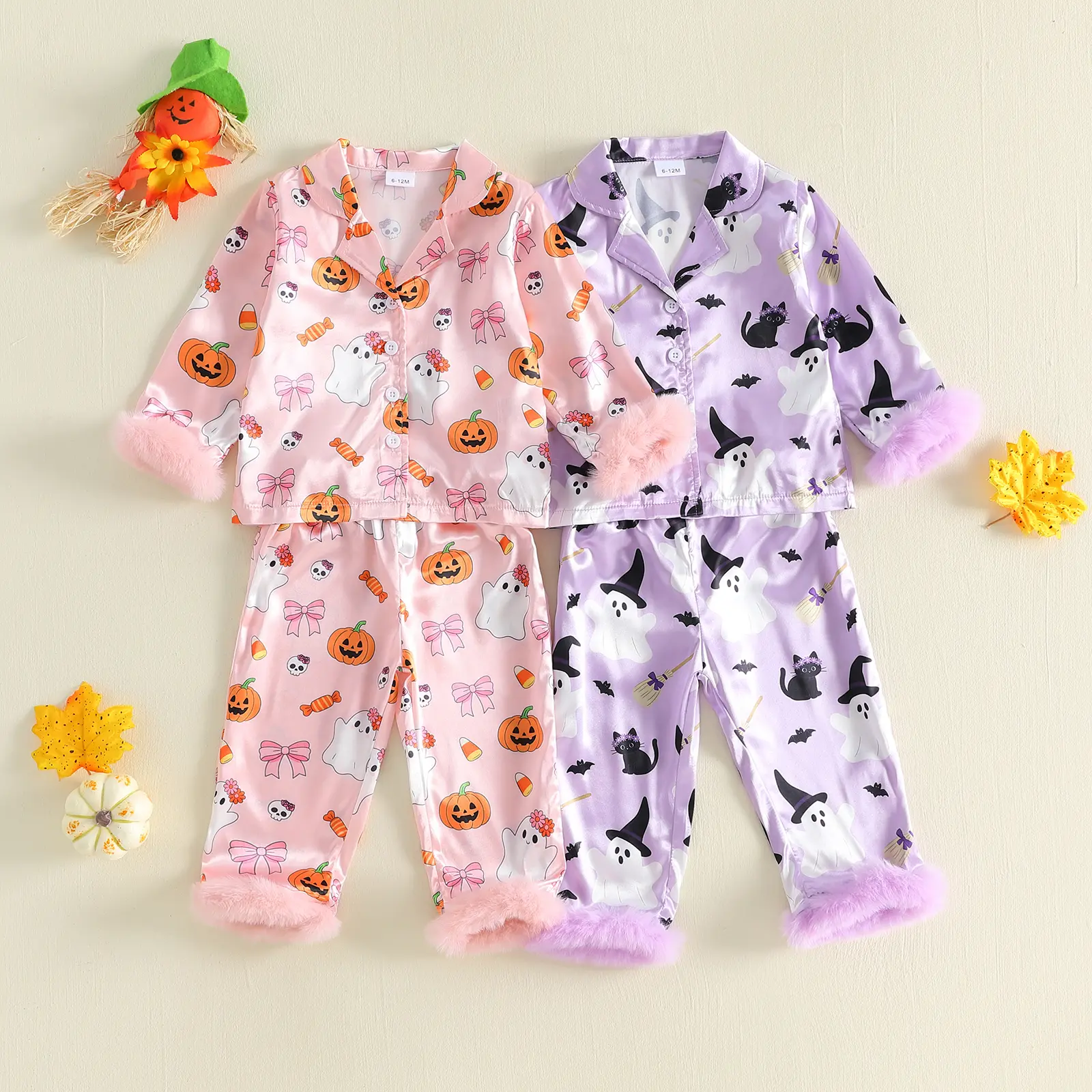 Toddler Girls Boys Halloween Satin Pajamas Ghost Print Lapel Button Down Shirt Tops Pants Silk Pajama Sets