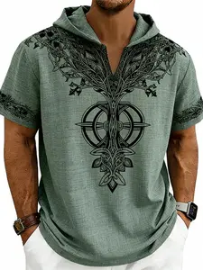 Men's Short Sleeve Hoodie, Viking Tree of Life Print V-Neck T-Shirt, Lightweight Breathable Casual Summer Tops with Multi Colors
