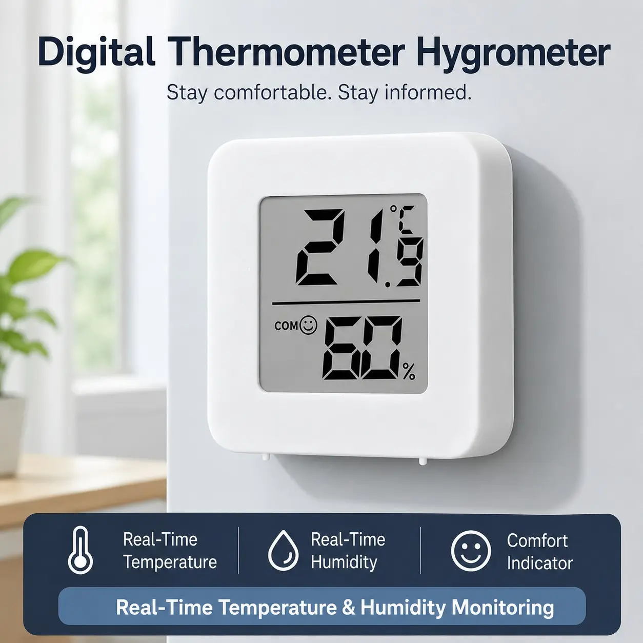 Mini Thermometer Hygrometer, Real-Time Temperature & Humidity Monitor, Comfort Indicator for Bedroom, Office & Living Room