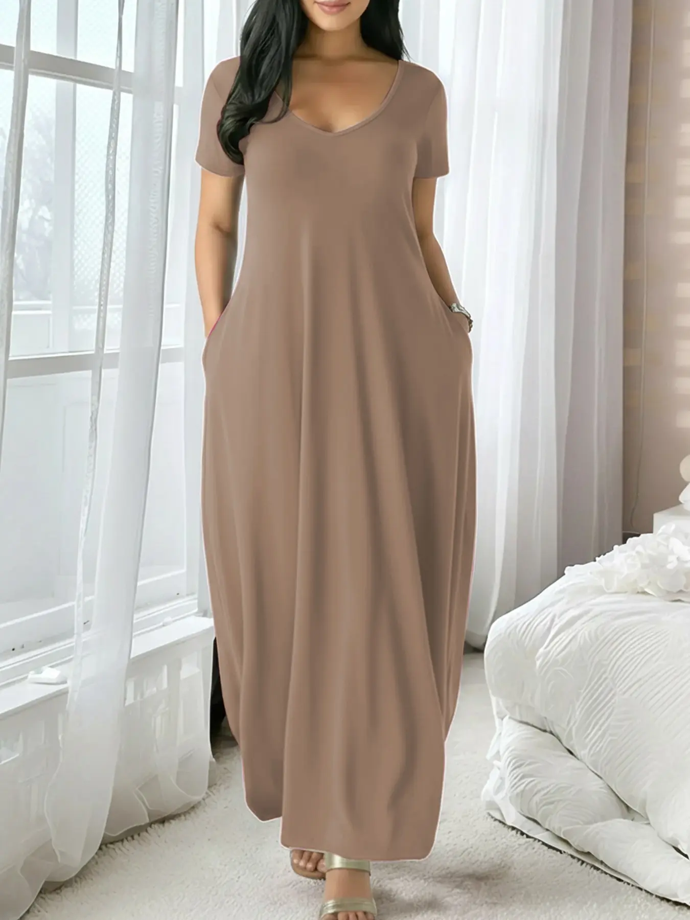 coffee brown color dress Aloruh Women's Elegant Coffee Brown Spaghetti Strap Dress, Vacation Commute Minimalist Solid Color Dress,Graduation Dress,Party Dress,Beach Dress,Date-Night