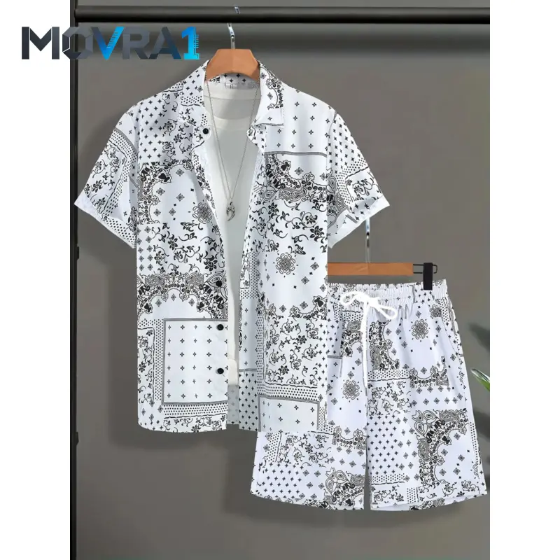 MOVRA1 Men's Paisley All-Over Print Short Sleeve Open Front Top and Drawstring Shorts Set, Casual Buttoned Shirt and Shorts,, Loose Fit Set, Casual Matching Sets, Co Ord Set, Casual Clothing Set