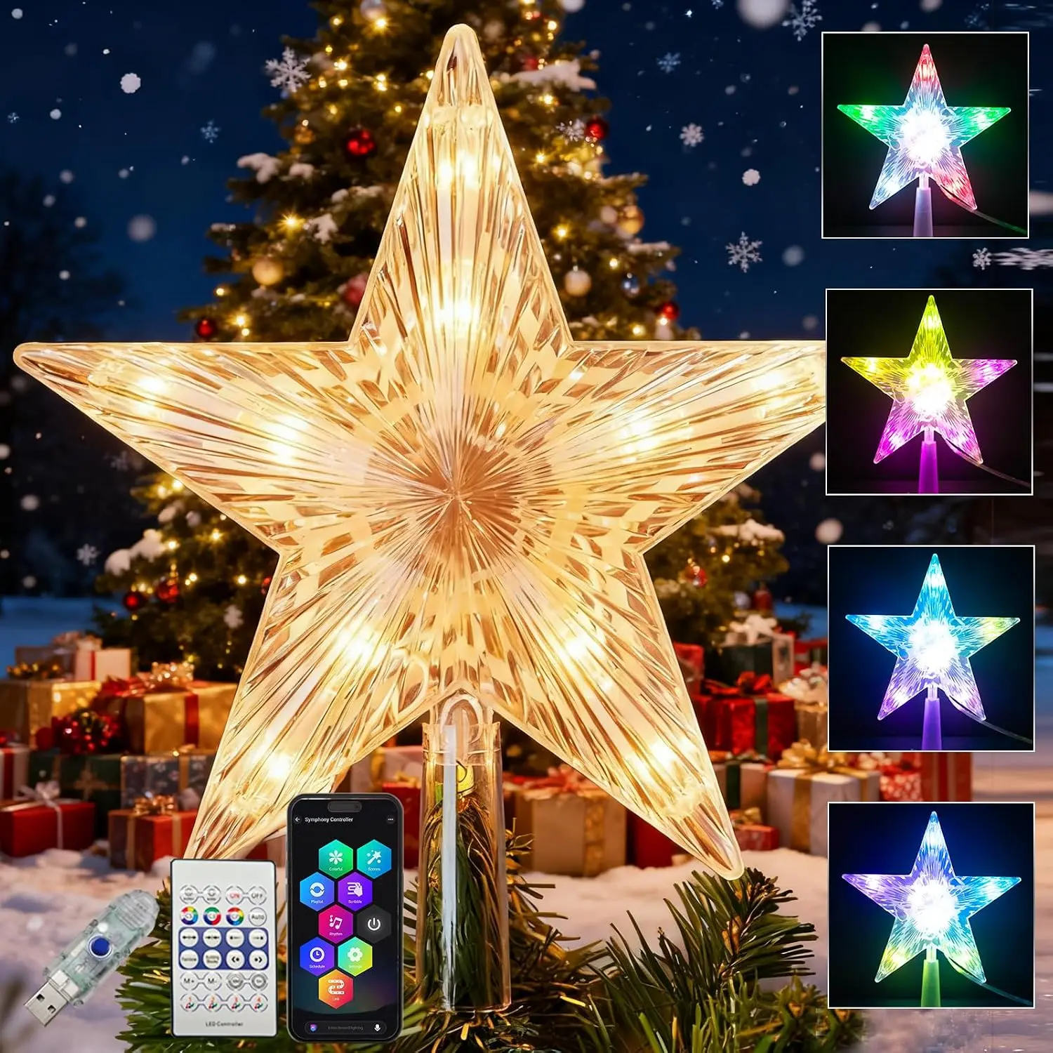 Christmas Tree Topper  with 10 RGB LEDs, 9" Lighted Clear , App & Remote Control, Timer, USB ,  Sync, Color Changing Treetop for Xmas  Year Holiday Tree Decoration