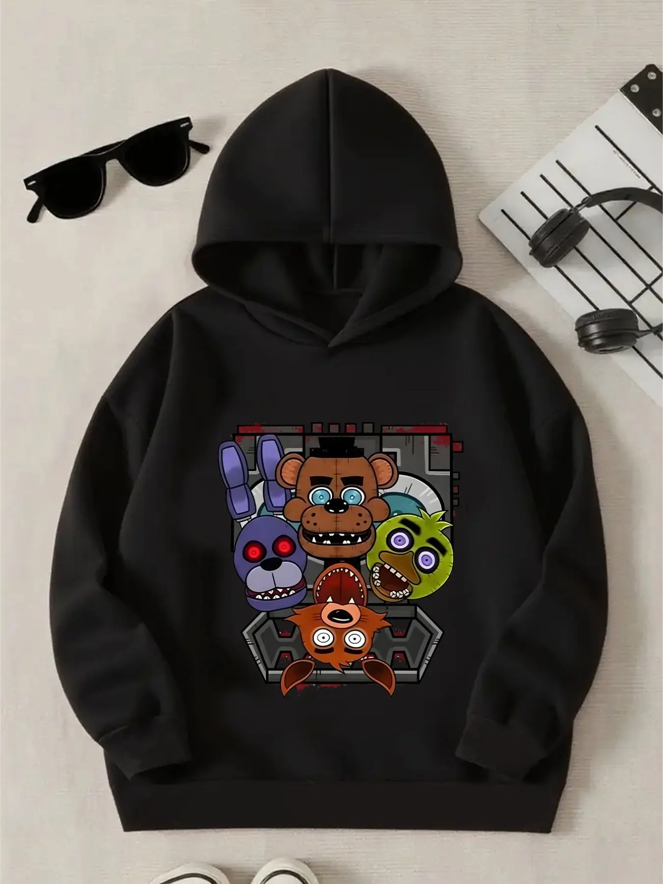 Children's Hooded Sweatshirt - Fnaf Multi-Character Thriller Style Cartoon Game Print Pullover Hooded T-Shirt For Boys And Girls - New Spring, Autumn, Winter Style Daily Casual Long-Sleeved Teen Street Style Versatile Outerwear # Must-Have For Gifting