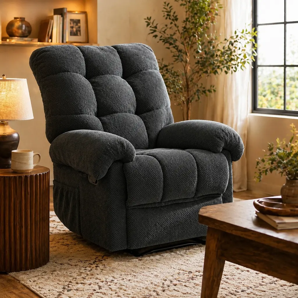 Dark Gray Modern Arch Armchair with Armrest - Adjustable Back, Soft Overstuffed Fabric Upholstery, Manual Recline, Padded Footrest, Ergonomic Comfy Reading Chair, 38.6in(L)x36.2in(W)x40.0in(H), 76lbs, for Living Room, Home Office, Comfy Chair