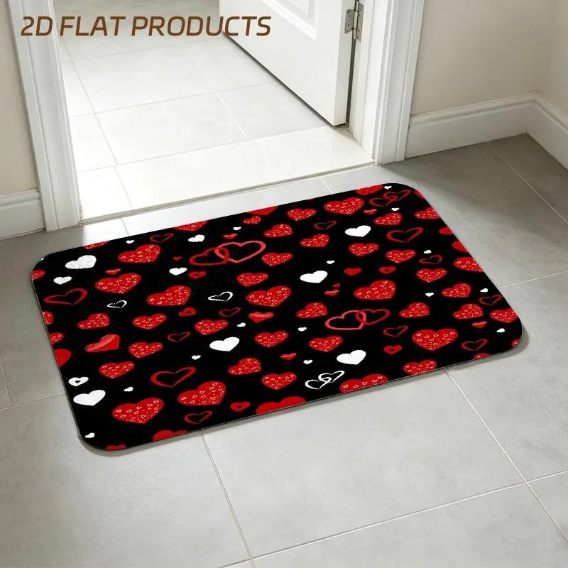 Festive Romantic Red & White Heart - Patterned Entry Doormat, Black - Backgrounded with Assorted - Sized Red/White Hearts & Tiny Dot Accents, Multi - Specs Available, Ideal for Valentine's Day Home Decor, Entryway & Indoor Daily Use
