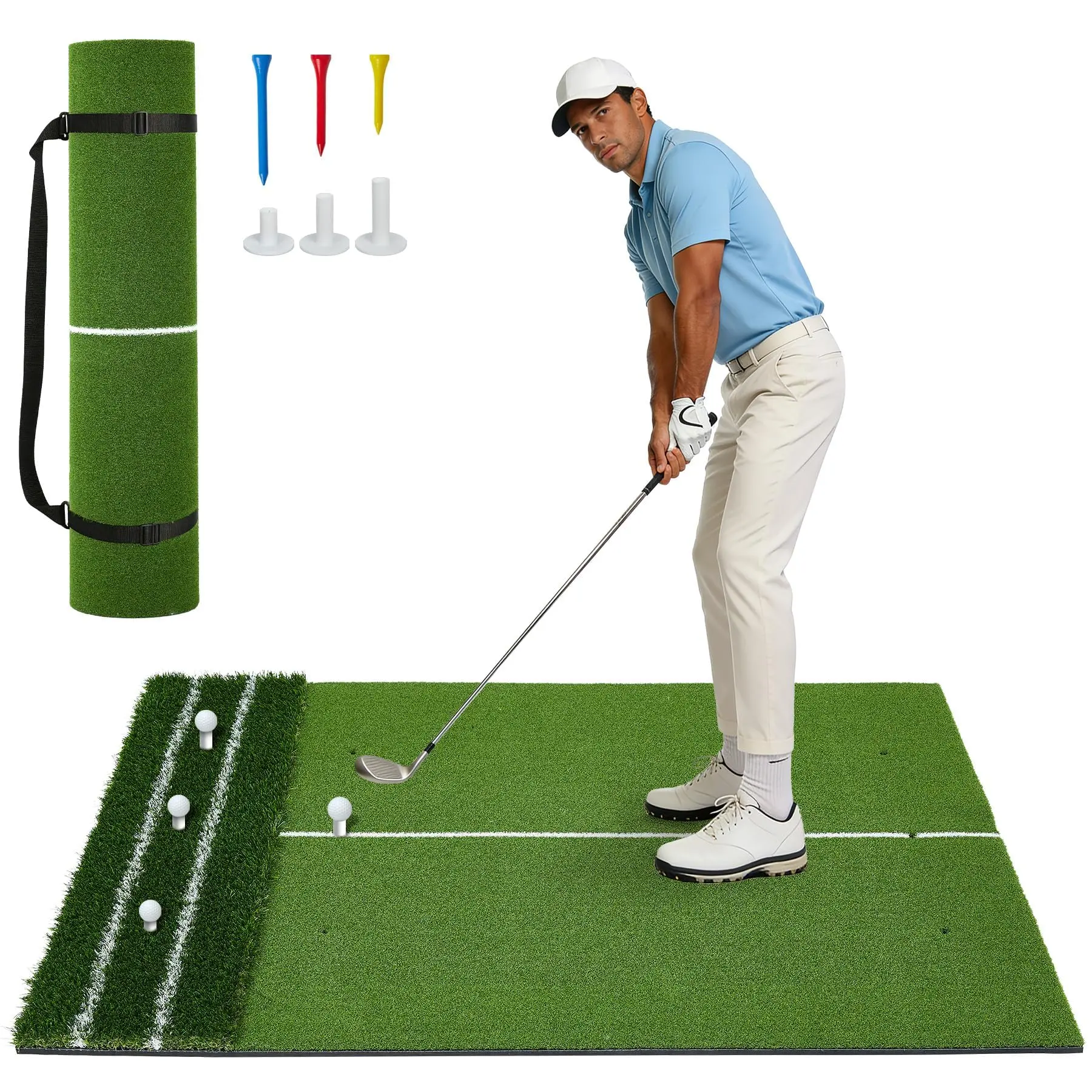 Dual Turf Golf Hitting Mat 5x4FT – High-Density Artificial Grass Practice Mat with Alignment Lines, 6 Tees, Carry Strap – Indoor & Outdoor Chipping, Driving, Swing Training – Ideal for Golfers