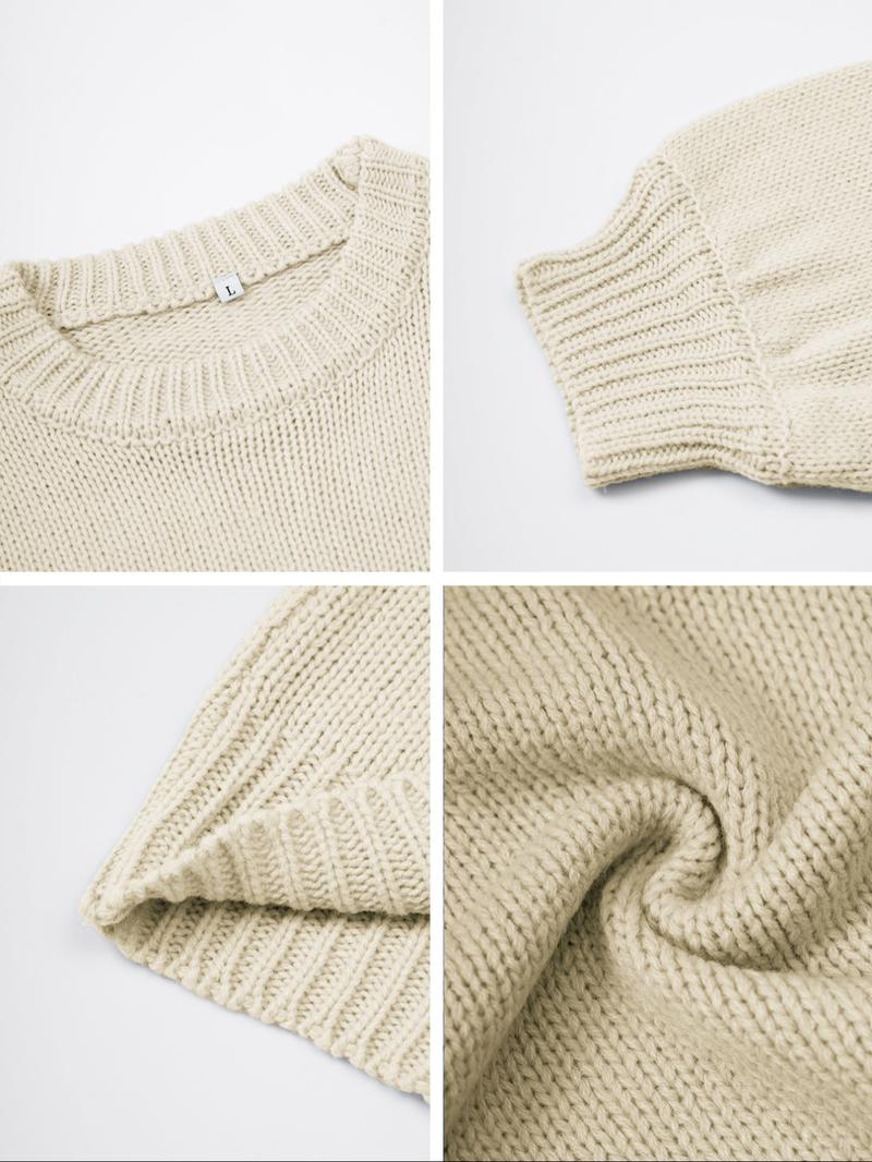 Women's Casual Round Neck Long Sleeve Sweater, Plain Knit Pullover Top for Winter, Fitted Style, Moderate Fabric Thickness Knitwear
