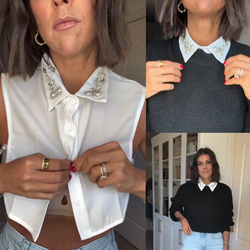 Elegant Faux Pearl & Rhinestone Fake Collar in White & Black Polyester Chiffon with Adjustable Elastic Straps for Versatile Styling Elegant Faux Pearl & Rhinestone Fake Collar in White & Black Polyester Chiffon with Adjustable Elastic Straps for Versatile Styling