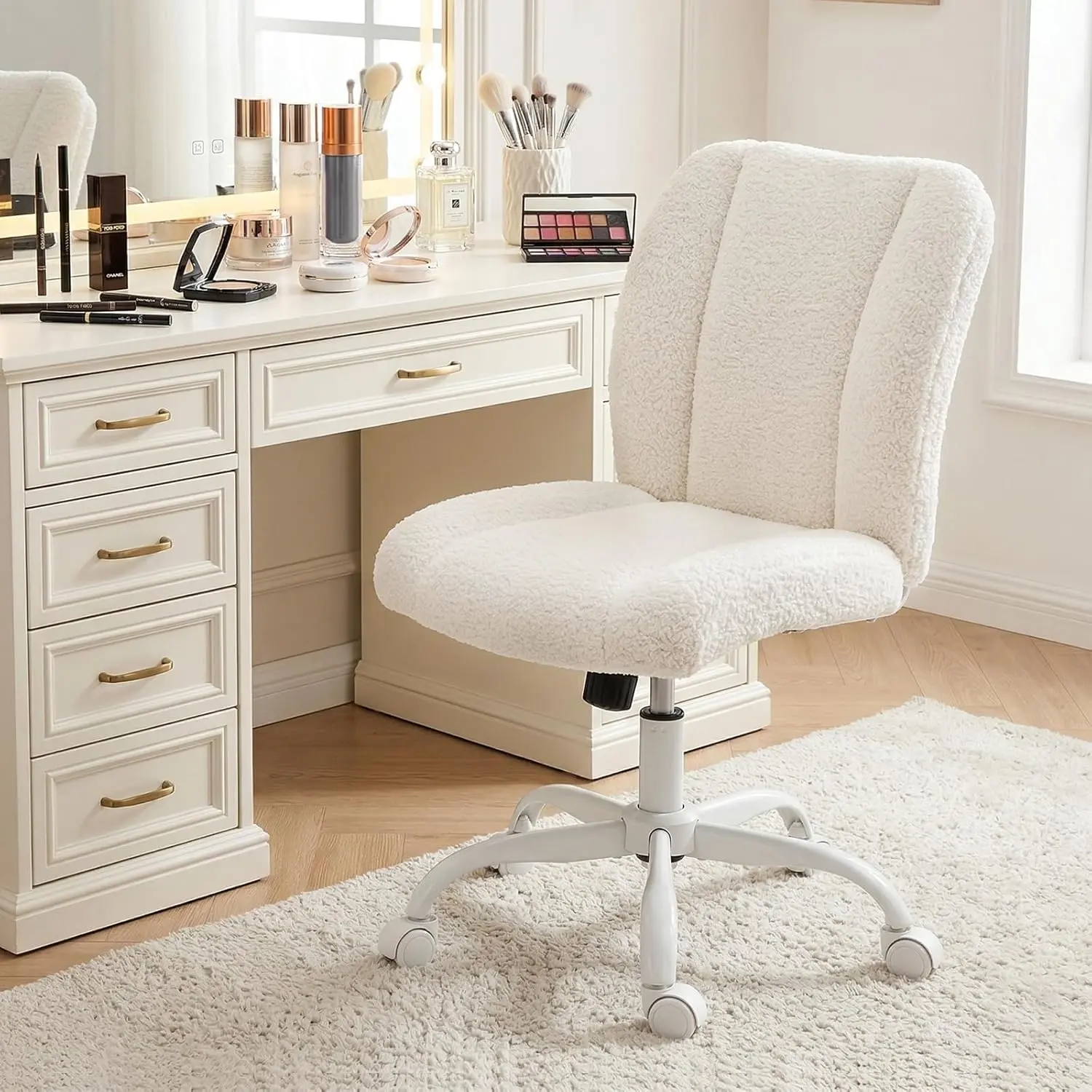 Vanity Chair with Wheels, Armless Office Chair Height Adjustable, Cute Desk Chair with Soft Lumbar Support for Small Space, Bedroom, Make-up Room, White
