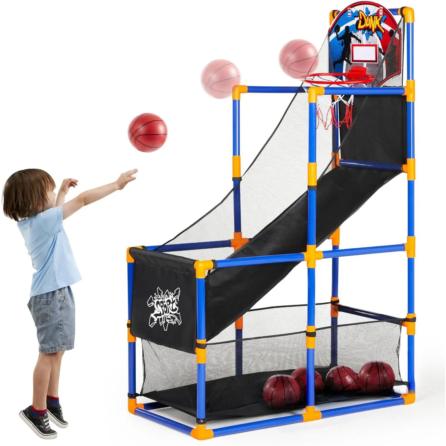 Arcade Basketball Game Set with 4 Balls and Hoop for Kids 3+ Years Old Indoor Outdoor Sport Play - Easy Set Up - Air Pump Included - Ideal for Competition