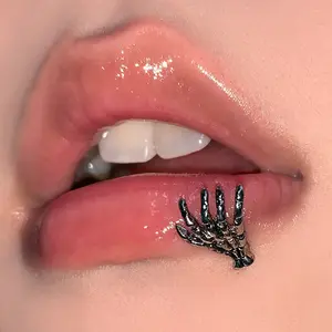 Bogadion Vintage Black Metal Skeleton Hand Lip Ring, Anti-Allergy Punk Rock Piercing Accessory, Halloween Party Body Jewelry