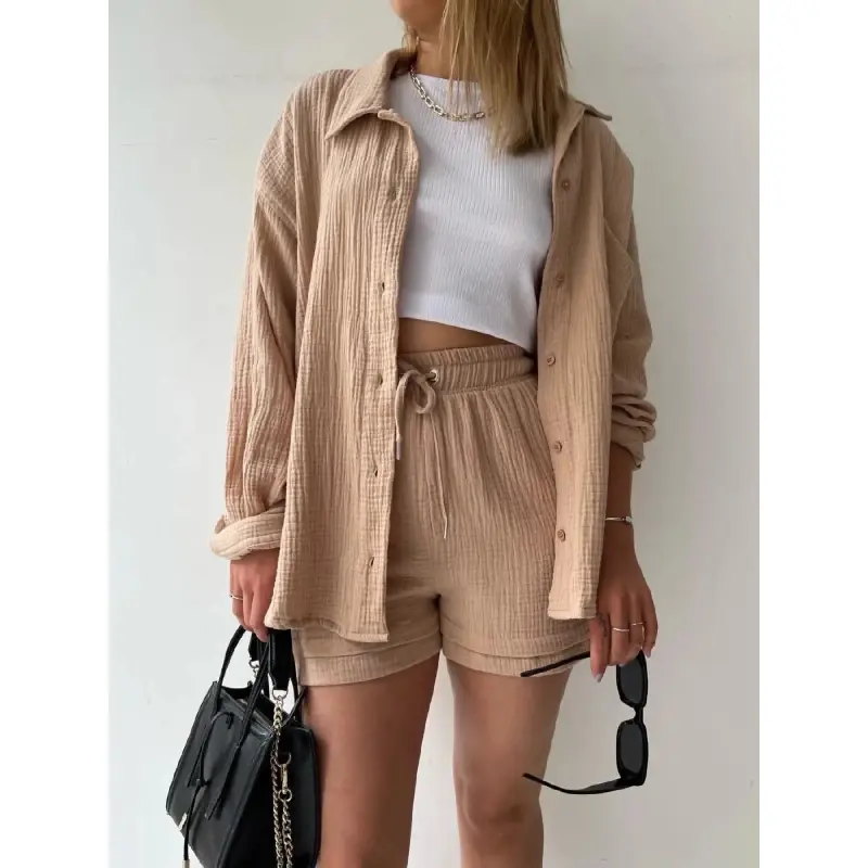Women's 2 Piece Lounge Set, Cotton Gauze Button Down Shirt & Drawstring Shorts, Lightweight Breathable Crinkle Fabric, Casual Summer Wear(gift)