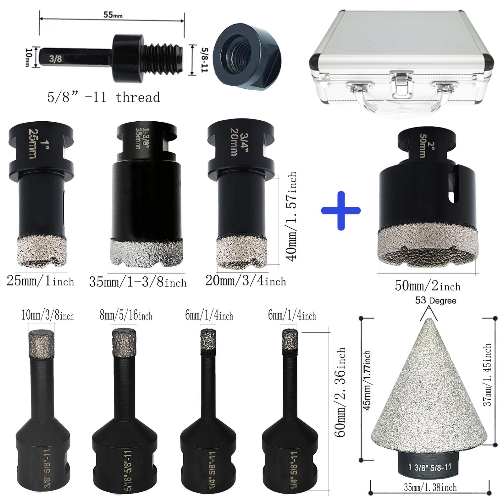 Diamond Core Drill Bits Set 10pcs (6/6/8/10/20/25/35/50mm Tile Hole Saw Bit Kit+35mm Beveling Chamfer Bit+5/8"-11 to Hex Adapter) for Porcelain Ceramic Tiles Marble Granite Brick Concrete Quartz Countertop Stone for Angle Grinder Tool diamond  holesaw