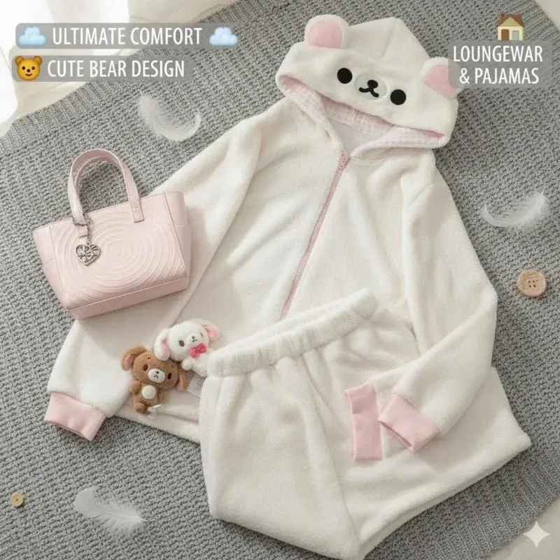 Rilakkuma Y2K Hoodie Pajama Set Cute Japan Bear Sleepwear Girls Fleece Lined Hooded Homewear Suit Autumn Winter Loungewear New