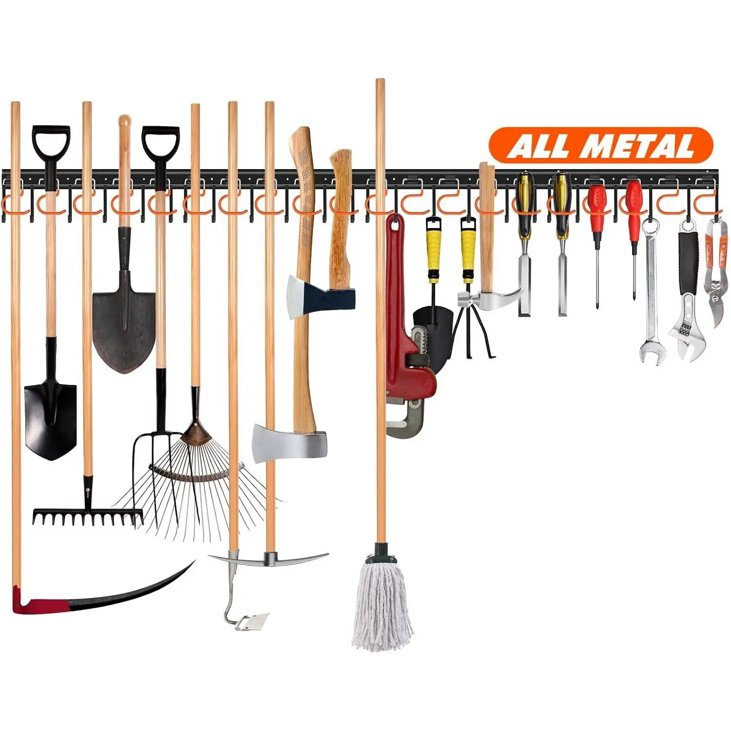 68''  Metal Garden Tool Organizer Adjustable Garage Tool Organizer Wall Mount Garage Organizers and Storage with Heavy Duty Hooks Tool Hangers for Garage Wall, Shed, Garden