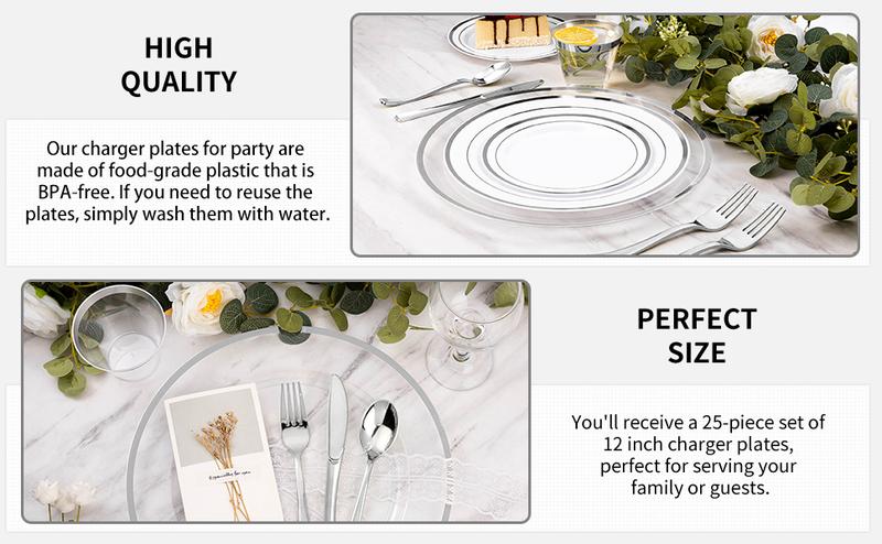 25pcs Silver Charger Plates – Clear & Stylish Tableware for Dinner, Weddings & Parties
