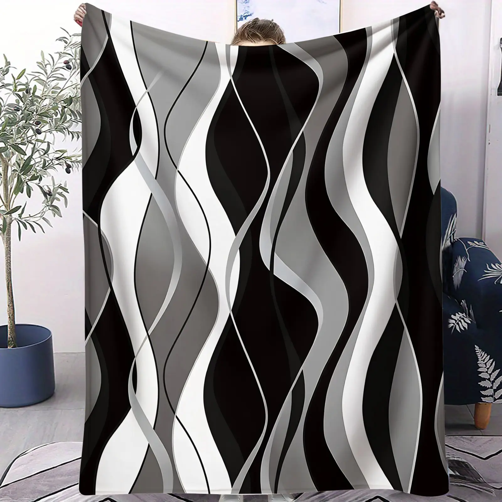 Modern Abstract Streamline Wave Flannel Blanket, Soft Warm Lint-Free, Minimalist Luxury Throw for Bed & Sofa