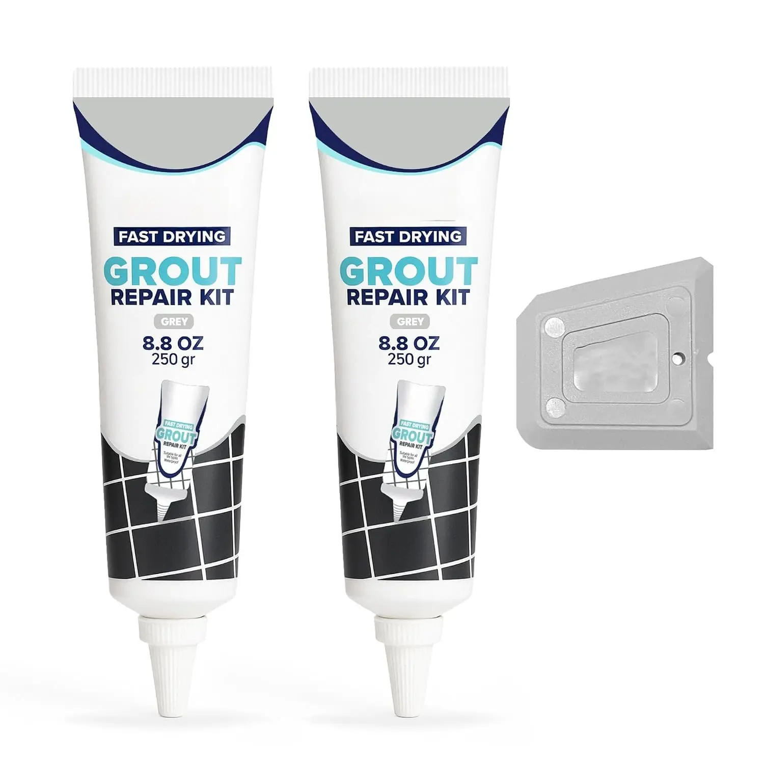 2-Pack Premixed Tile Grout Repair Kit - Gray Sanded Grout Filler for Bathroom, Porcelain, Marble, Mosaic, Stone Tiles, Water-Resistant Tubes with Applicator, Fast-Drying (2x250g/17.6oz), 250G Each