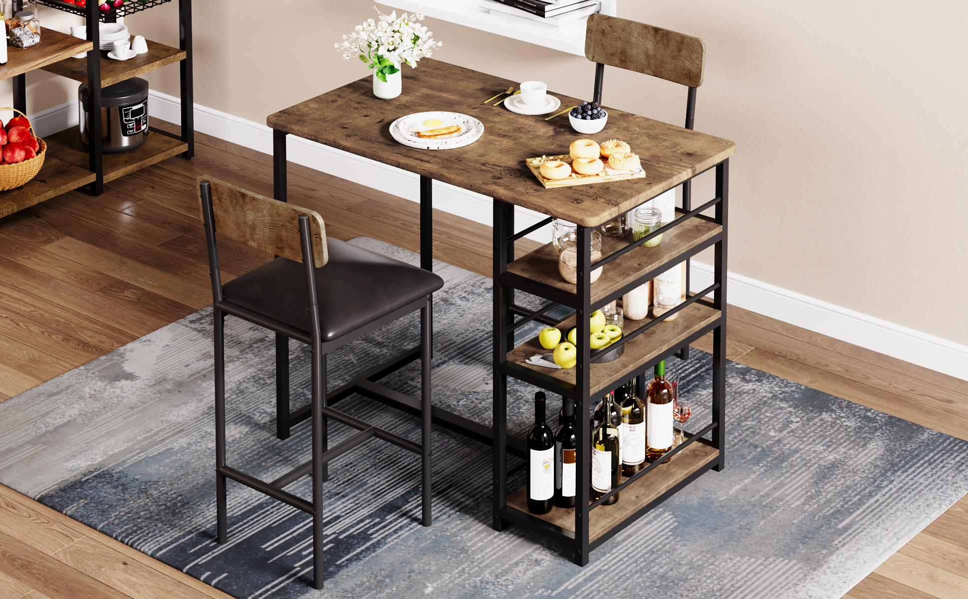 Garvee and Garvee Space-Saving Bar Table Sets for 2 with Upholstered Chairs, Multiple Storage Shelves, Comfortable Seating, Ideal for Kitchen, Apartment, Dining, and Living Areas