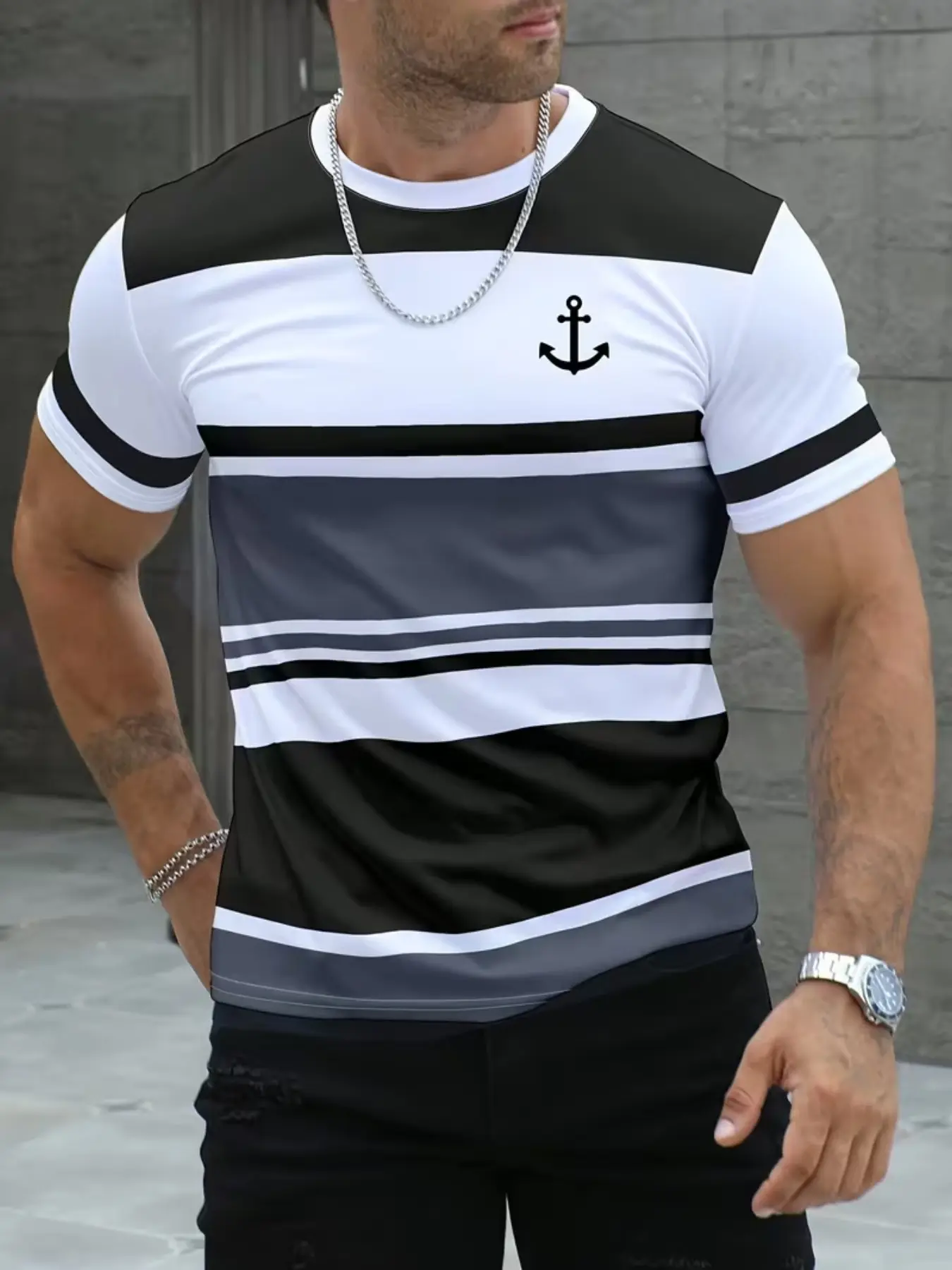 Men's Casual Short Sleeve T-Shirt, Digital Print, Striped Design, Anchor Icon, Summer Round Neck, Slim Fit, Quick Dry Sports Top, Quick Dry Activewear