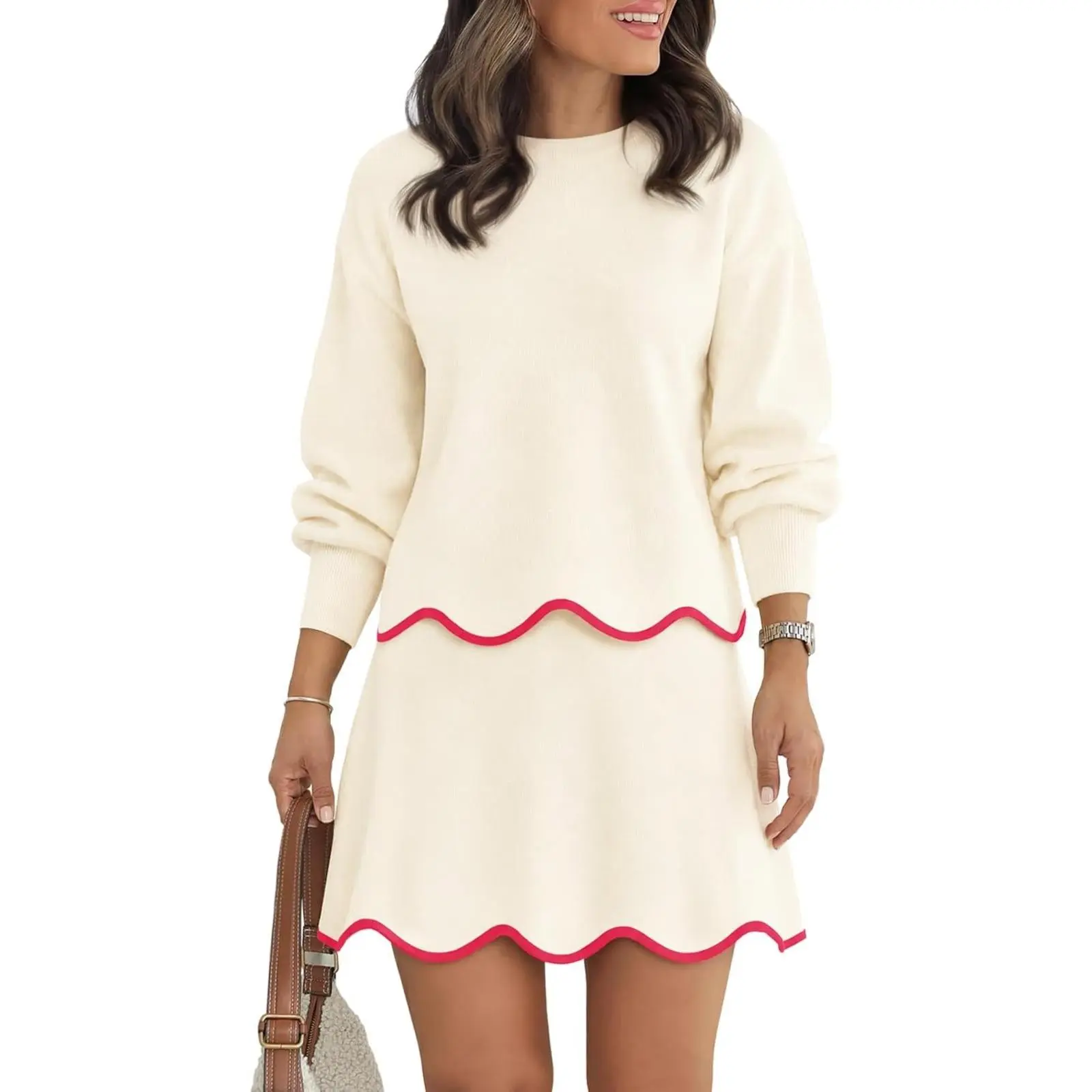 Yousify Womens 2 Piece Skirt Sets Puff Long Sleeve Crewneck Tops and Scalloped Mini Skirt Fall Casual Knit Lounge Sets