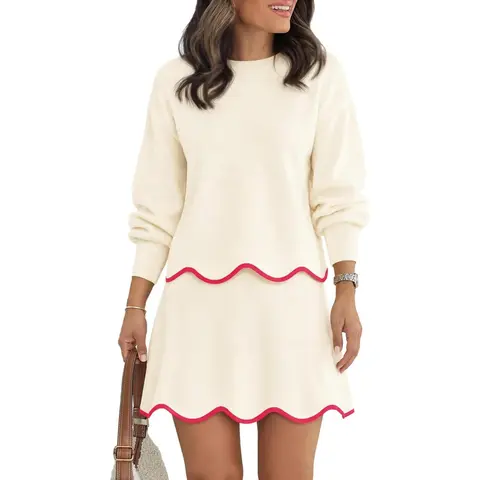 Yousify Women's 2-Piece Knit Set - Loose-Fitting Solid Puff Long Sleeve Crew Neck Top, Straight Shoulder Scalloped Mini Skirt, Fall Casual Lounge Outfit (matching sets for women)