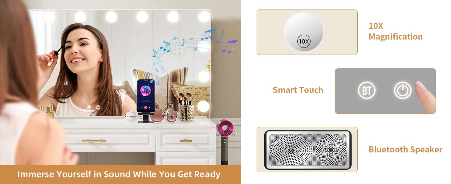 VOWNER Vanity with Lighted Mirror - Glass Top Makeup Vanity Desk w/Bluetooth Speaker, 14 Lights and 11 Drawers, 3 Color Lighting Modes Adjustable Brightness, Makeup Desk with Outlet for Bedroom, White