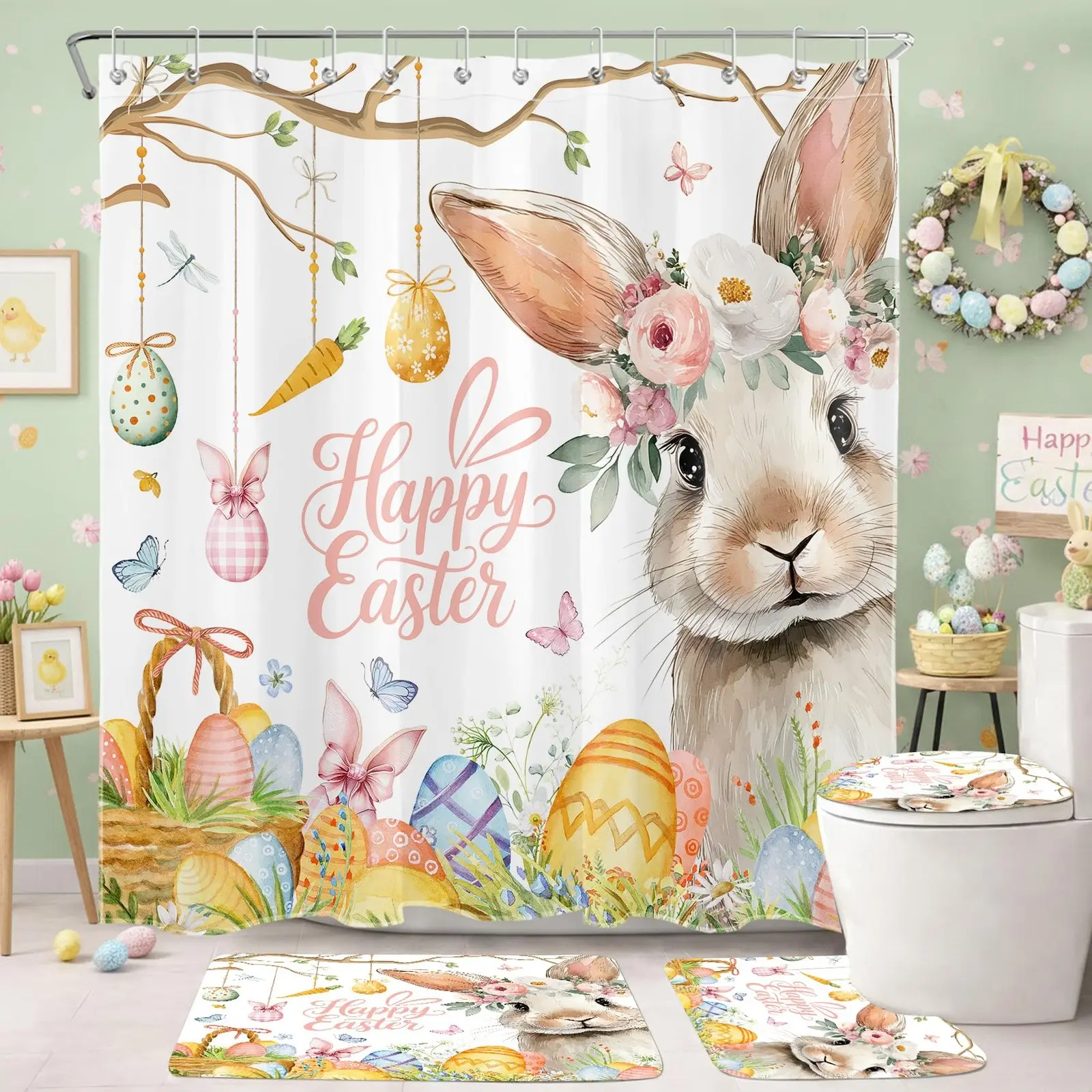 4-Piece Thick Flannel Easter Shower Curtain Set with Resistant Rugs, Bunny-Floral Egg Spring Bathroom Decor, Includes Shower Curtain, Toilet Seat Cover, Bath Mat, U-Shaped Toilet Mat