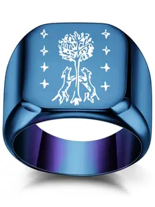 18mm Wide Stainless Steel Ring, Laser Engraved Two Dogs Climbing Tree Bird, Square Smooth Finish, Unique Jewelry Design