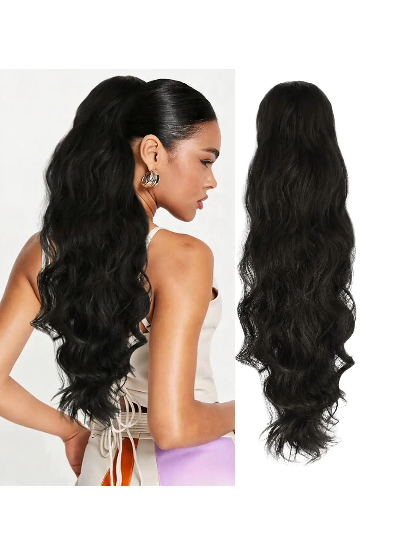 1B Black Body Wavy, Curly Wavy Hair, Drawstring Ponytail 100% Human Hair Wrap Around Hair Extensions 12-22 Inch 70-100g Soft Natural Wave Ponytail, Washable Simple Install Fluffy Hairpiece For African American Girls Daily Wear