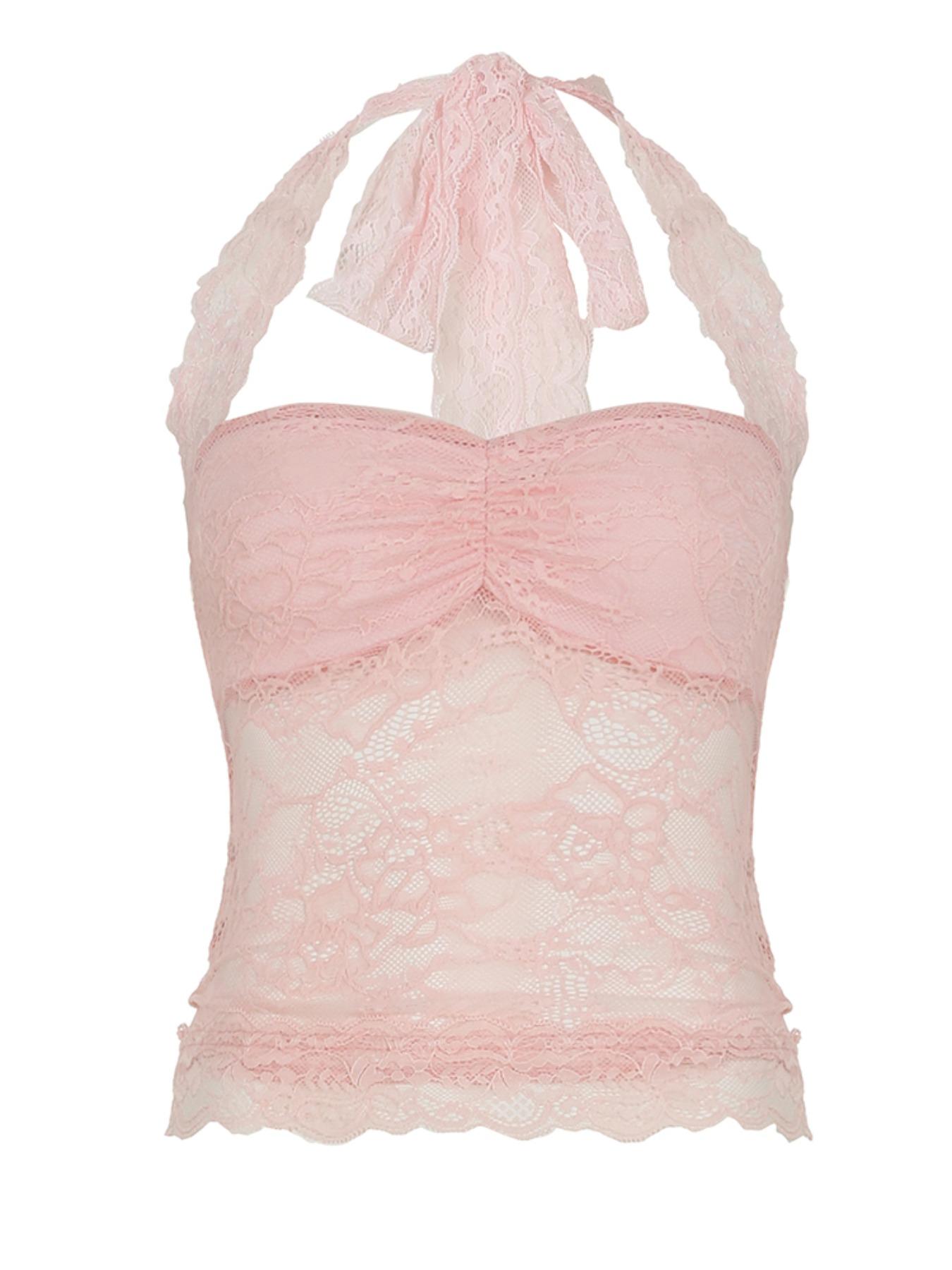 Women's Solid Lace Crop Halter Neck  Top, Y2k Fashion Casual Backless Sleeveless Top for Summer, Women's Clothing for Daily Wear, Womenswear