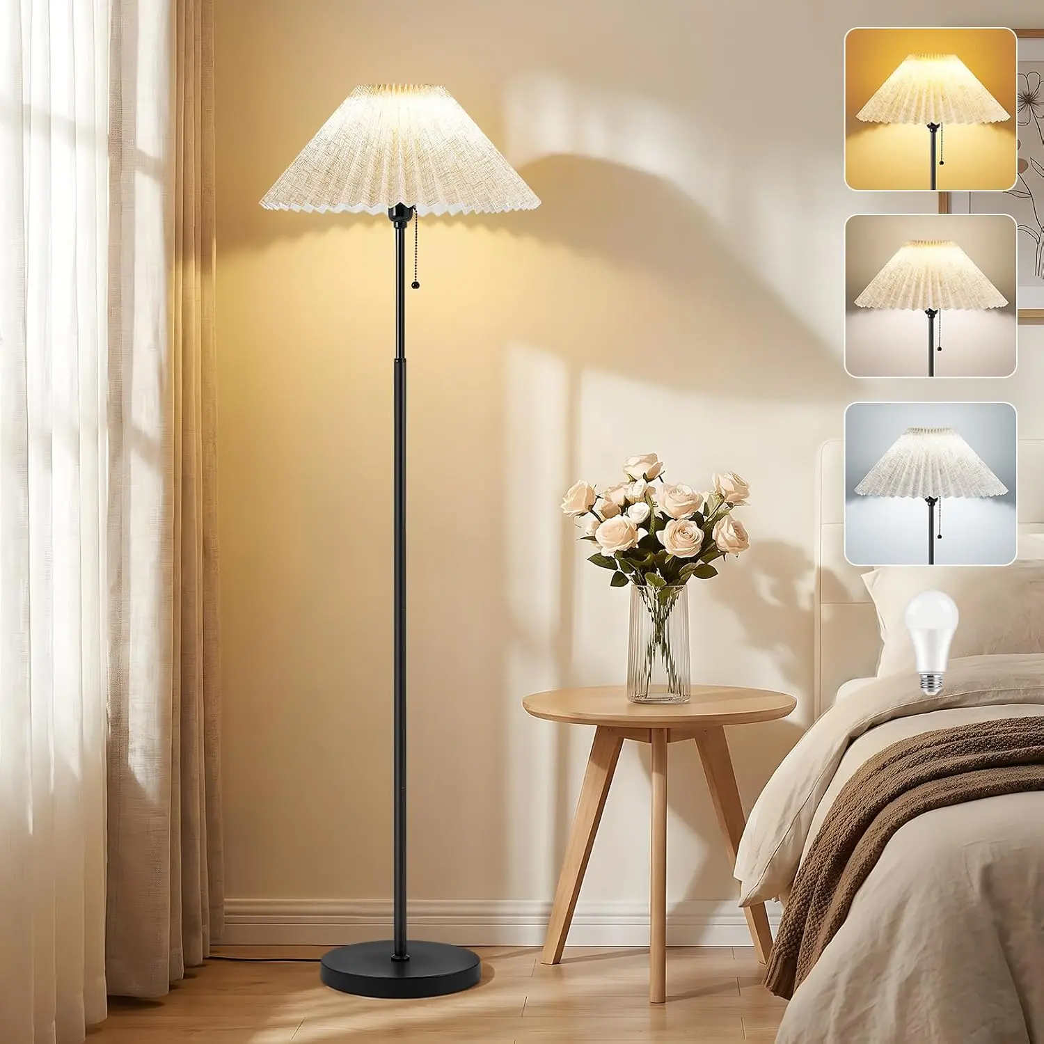 Floor Lamps for Living Room, 59.5" Pleated Modern Standing Lamp,Linen Shade |  Tall Lamp,Adjustable Color Temperature,Pull Chain , Rustic Pole Lamps for Bedroom,,Den(Bulb Included)