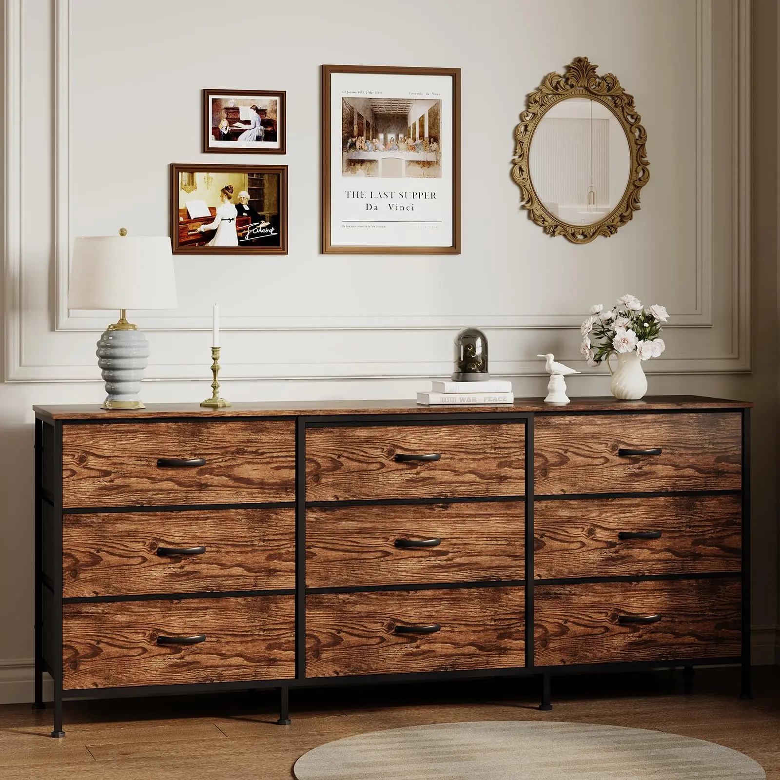 Storage Chest And Media Console With 63 Inch Width 9 Fabric Drawers Wooden Top And Metal Frame For Indoor Bedroom Living Room Entryway Nursery Storage