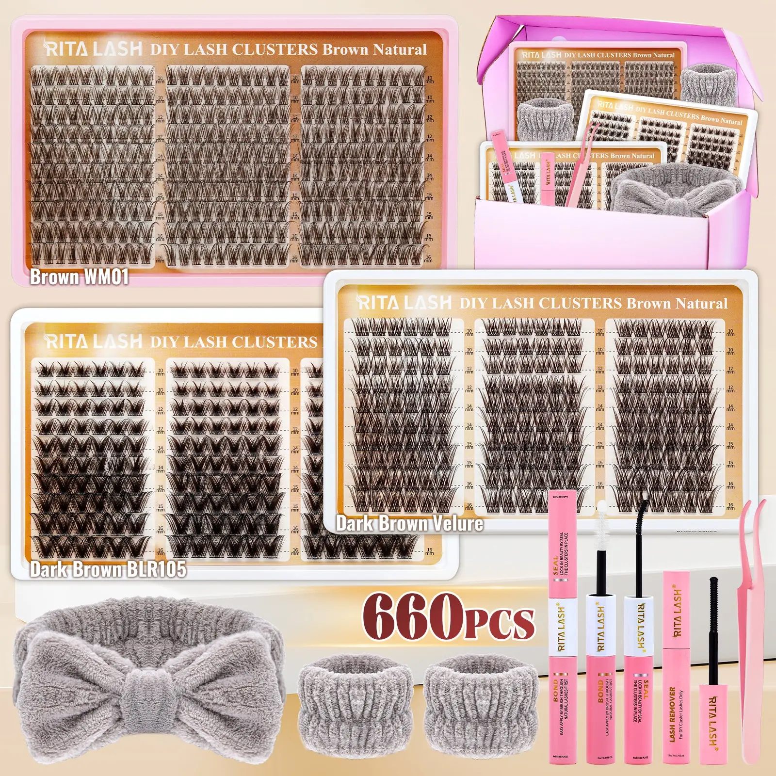RITALASH 660PCS Dark Brown Individual Lash Cluster False Eyelashes Kit Soft Natural Realistic Lashes Clusters Bulk Pack DIY Lash Set Eyelash Extensions Waterproof Durable for Beginners  (WM01-BLR105-Velure)