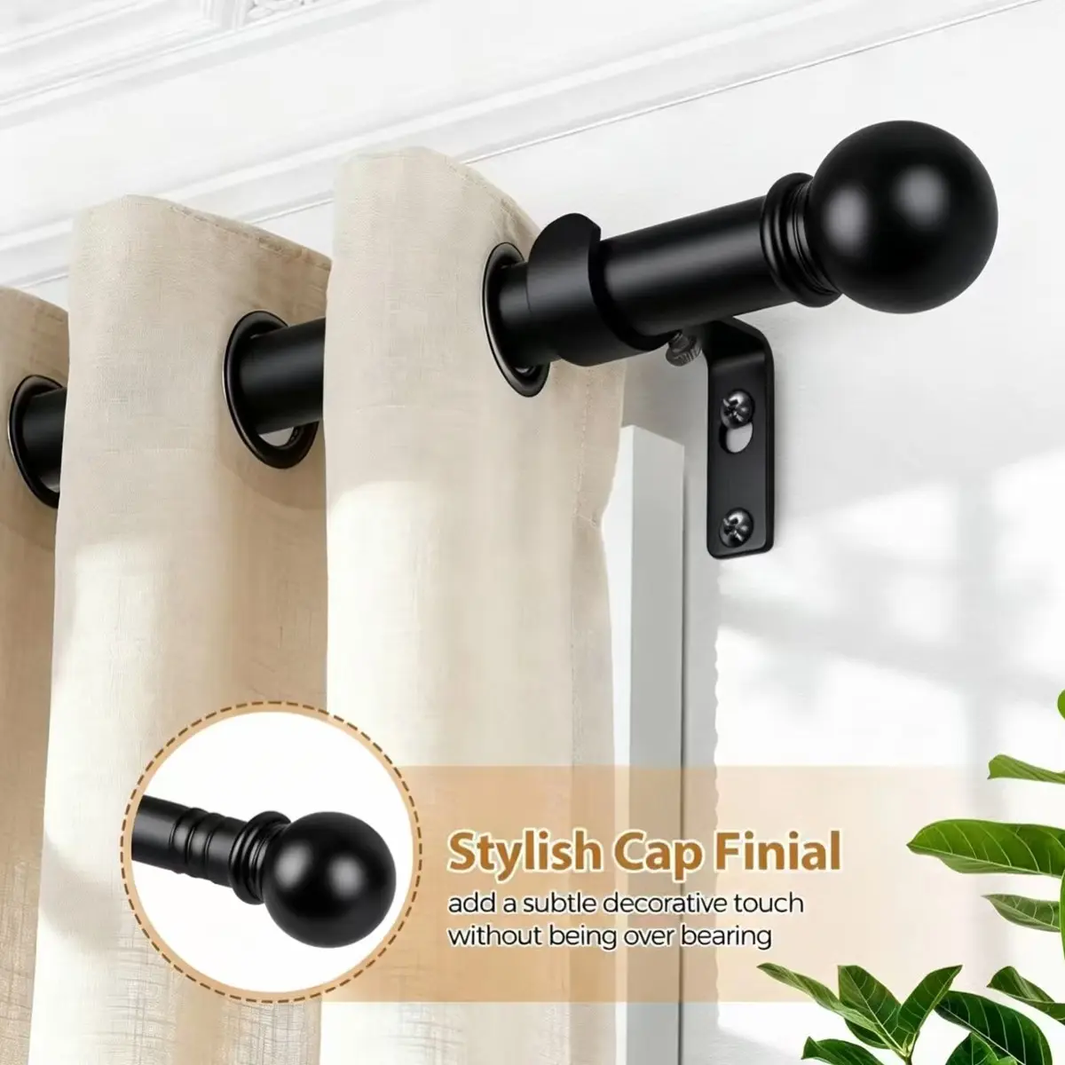 Curtain Rod Set for 24-156 Inches, 5/8 Inch Decorative Curtain Rod Kit, Single Window Connector with Brackets, Bathroom, Bedroom, Living Room, Outdoor Patio, Kitchen
