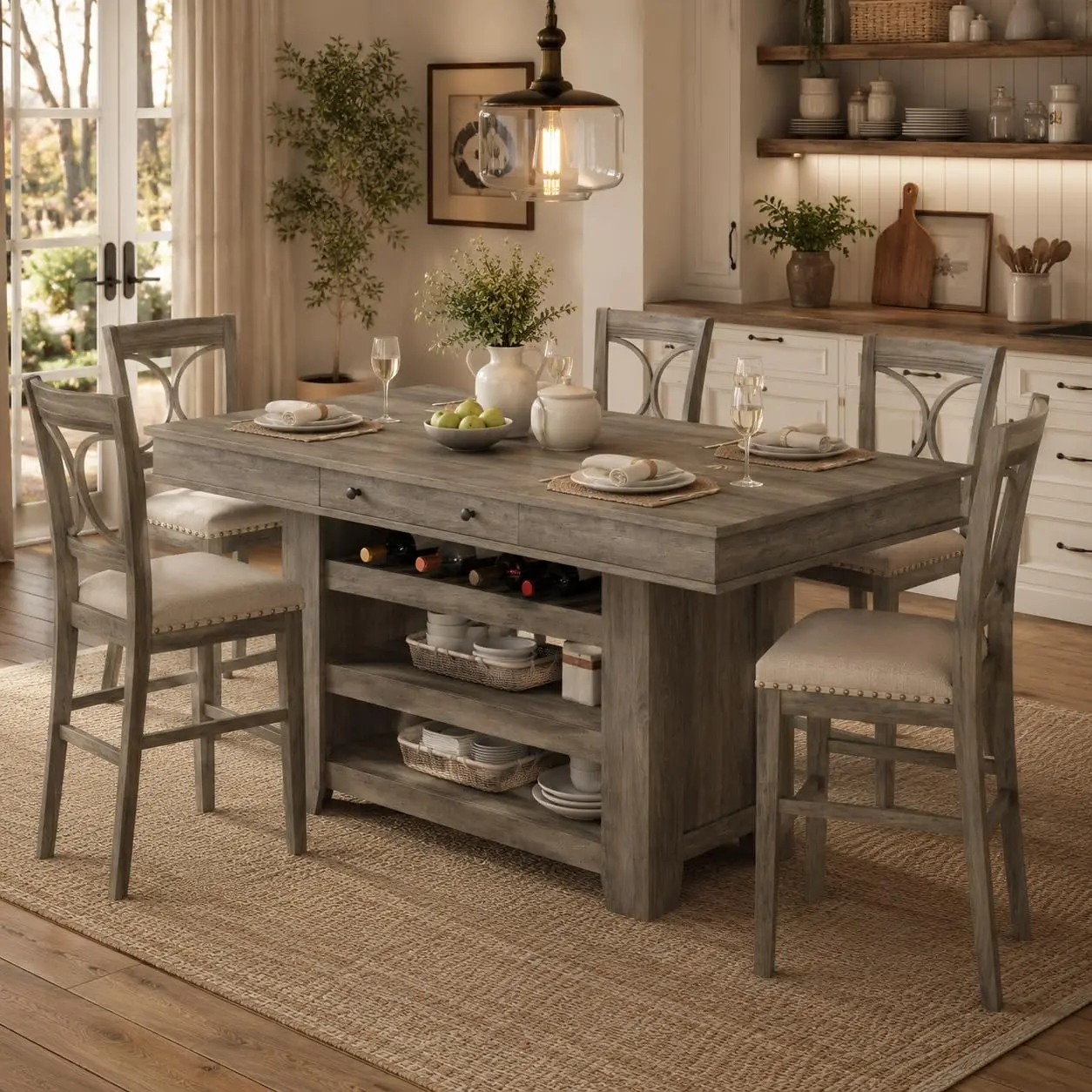 【GAOMON】60x36 in Counter Table with Storage Organization, Farmhouse Counter Height Design with Drawers, Wine Rack & Wide Legs, Seats 4-6, Sturdy Wood Kitchen Piece, Grey/Brown, Easy Setup, Farmhouse Look